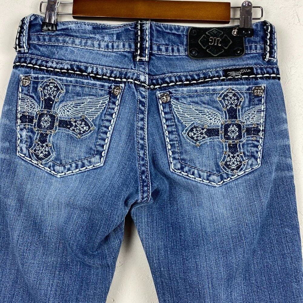 Miss Me Cross Wings JP5142 Embellished Distressed Thick Stitch Boot Cut Jeans 27 - Picture 5 of 12